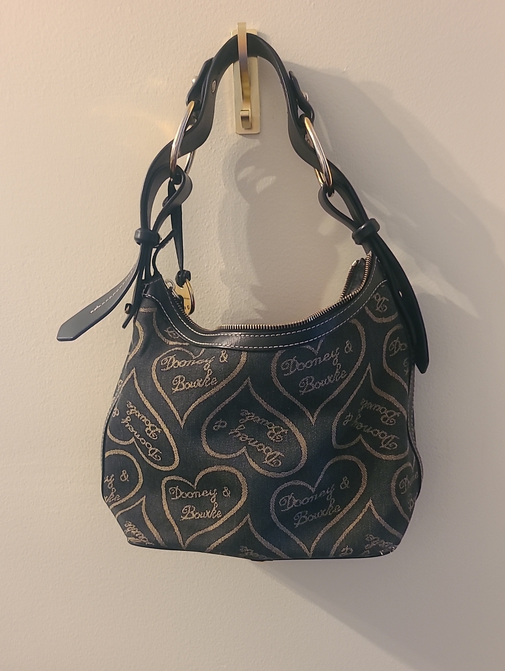 Dooney & Bourke Black Heart Jacquard Shoulder Bag with Gold Accents